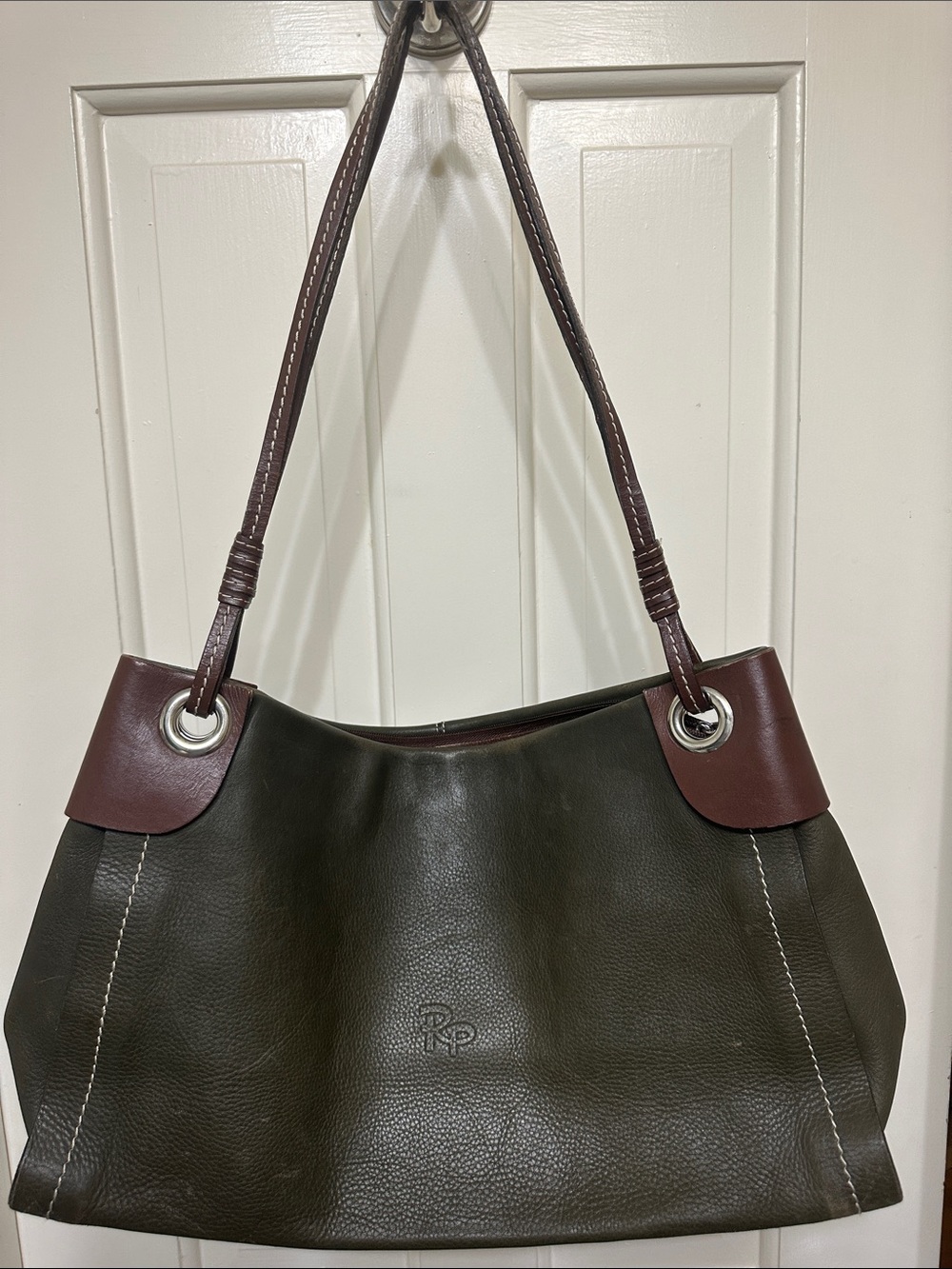 Robert Pietri Leather Shoulder Bag in Olive Green with Brown Trim